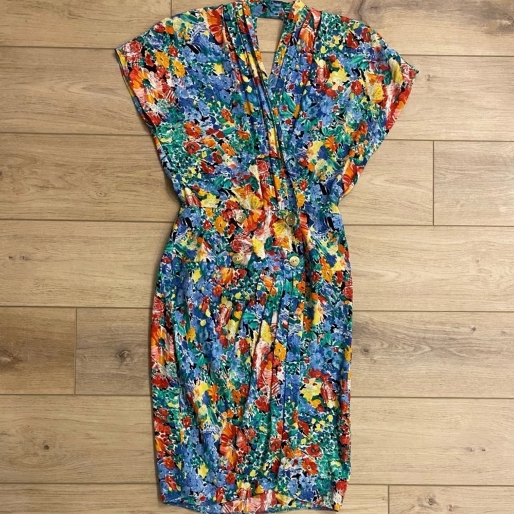 Vintage Draped 80's Satin Wrap‎ Dress Bright Floral Dopamine Dressing Twee